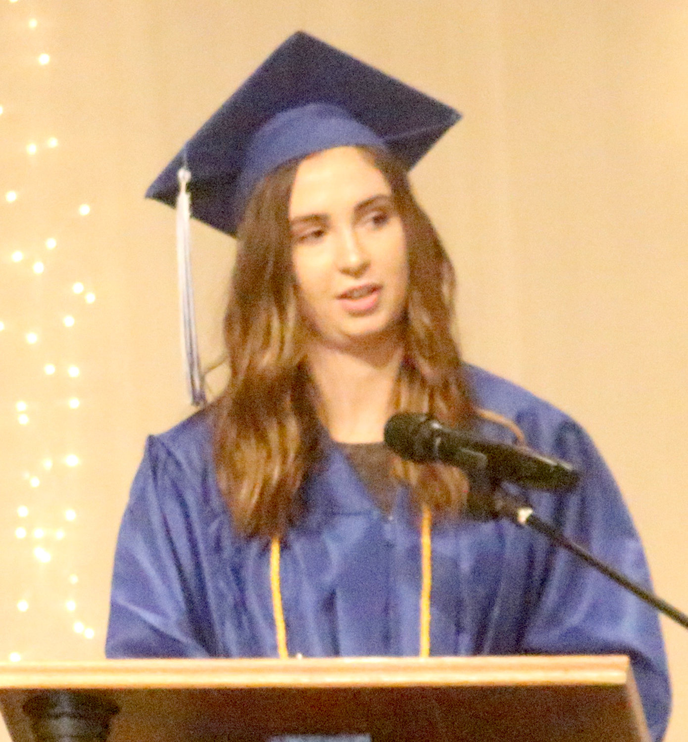 Rachel Schlabach gives the valedictorian address at Pathway Christian School’s commencement ceremony at Upper Deer Creek Mennonite Church on Saturday.